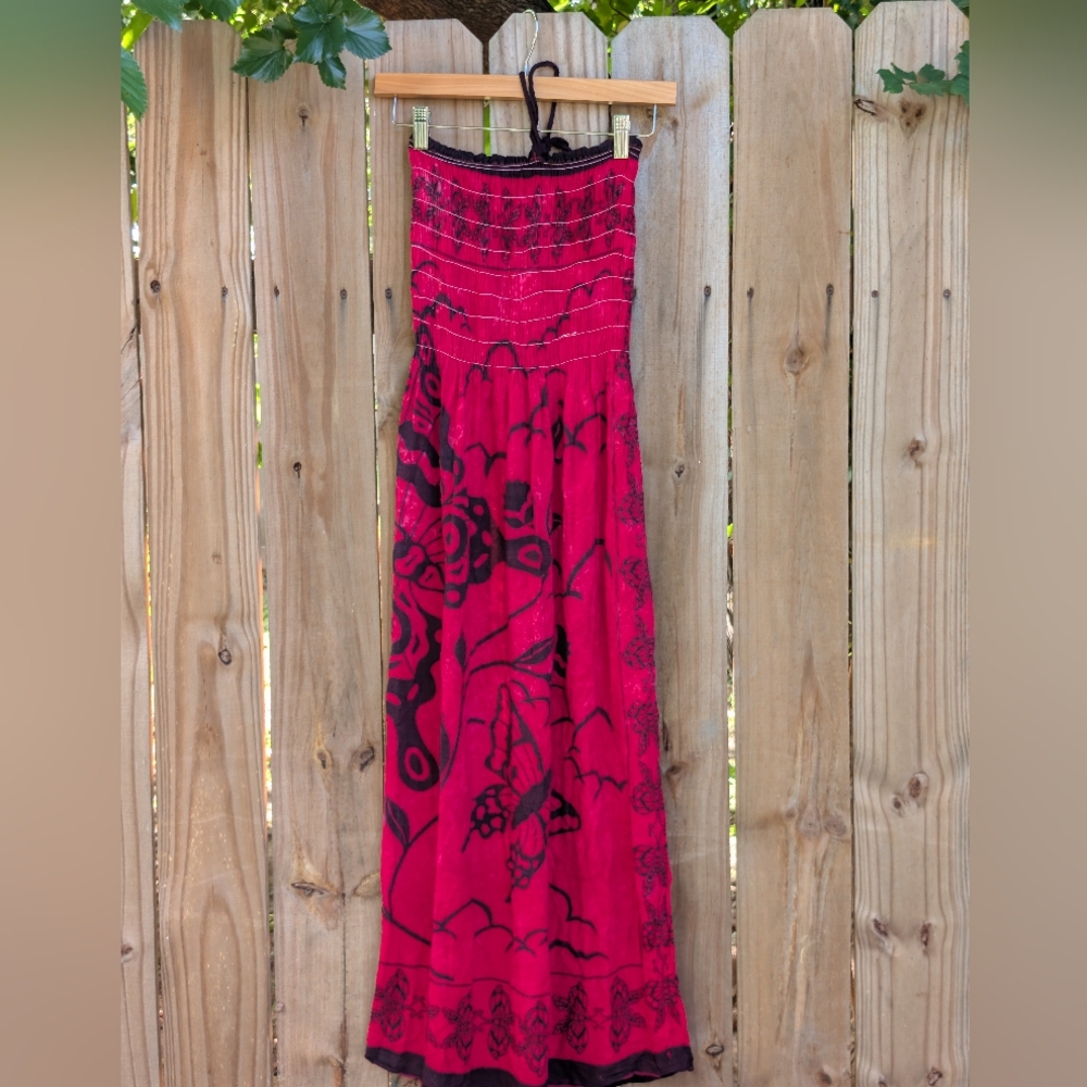 Red and Black Butterfly Patterned Boho Coastal Strapless Halter Maxi Dress